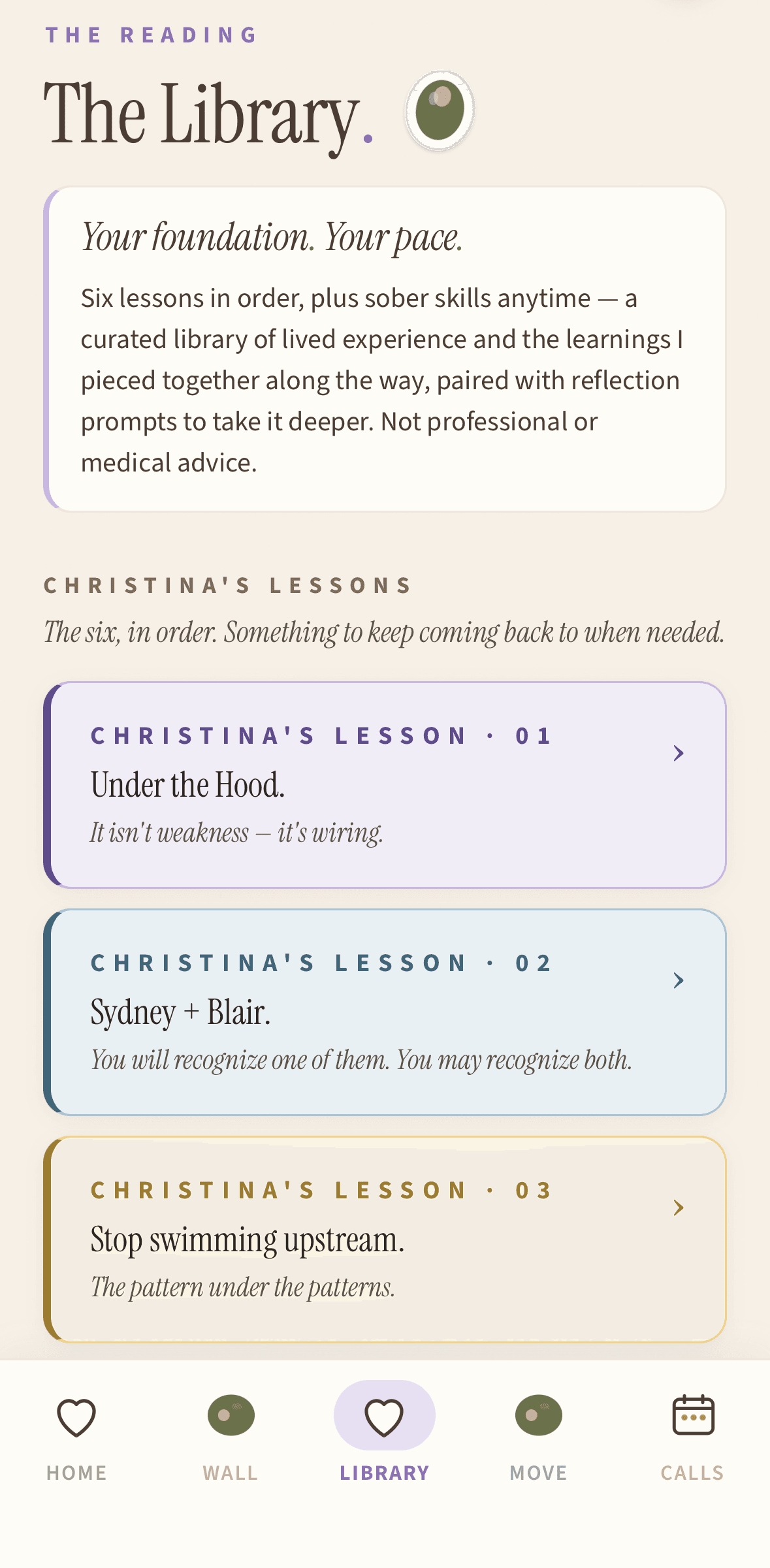 The Library — Christina's six lessons, in order, with reflection prompts