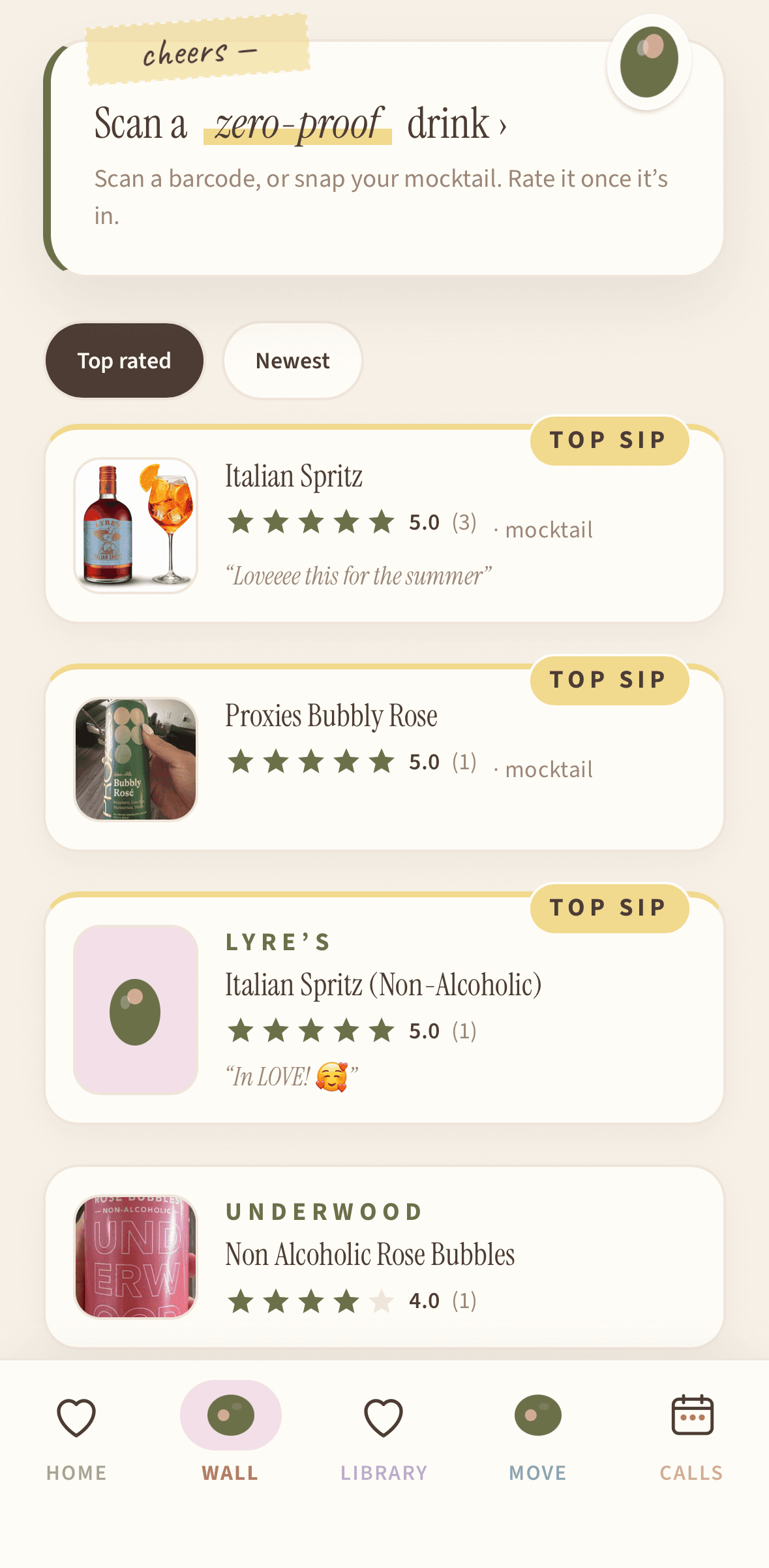 The Sips Wall — member-rated zero-proof drinks, every one alcohol-free