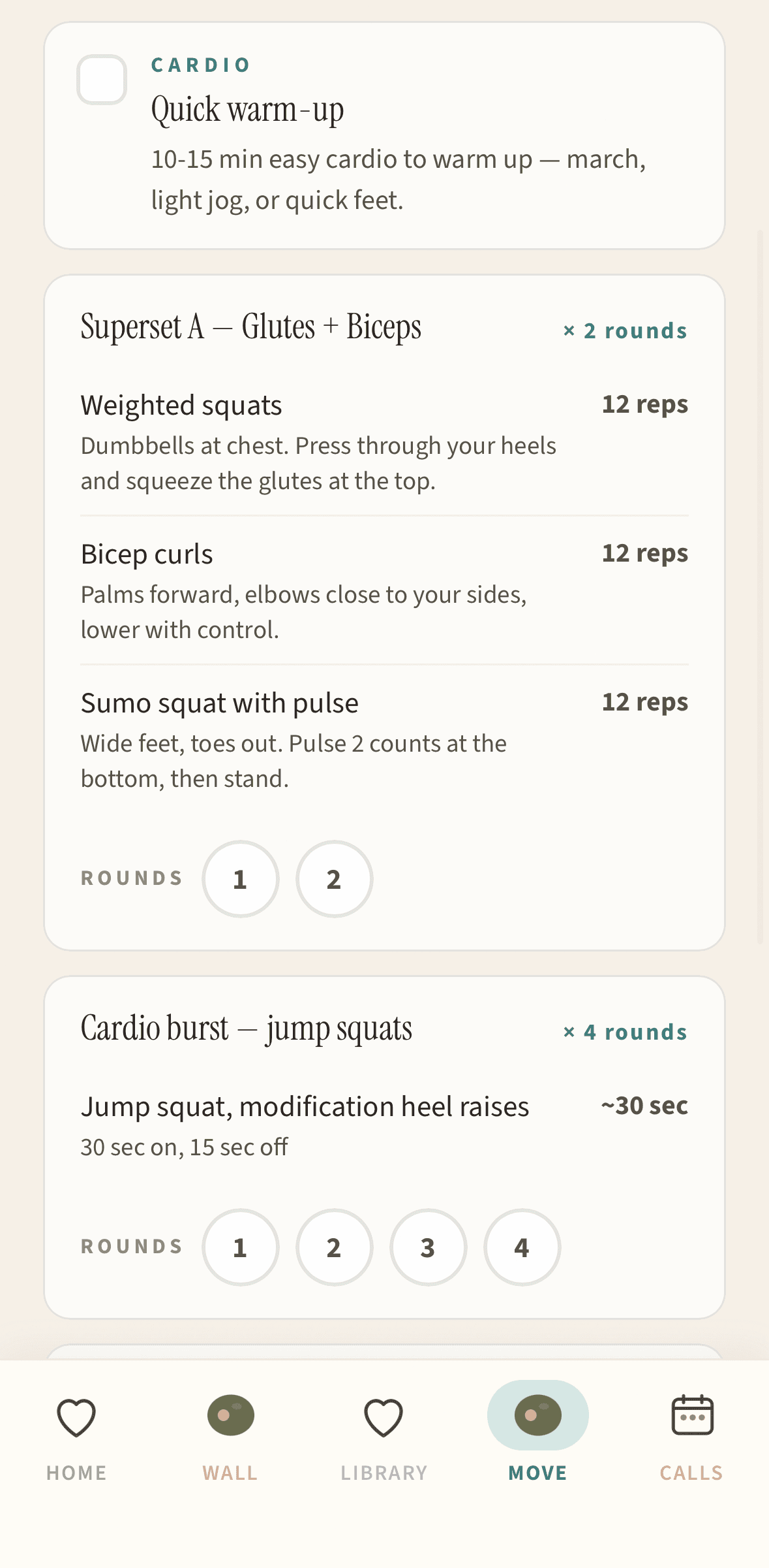 Inside a workout — supersets, reps, and rounds to check off